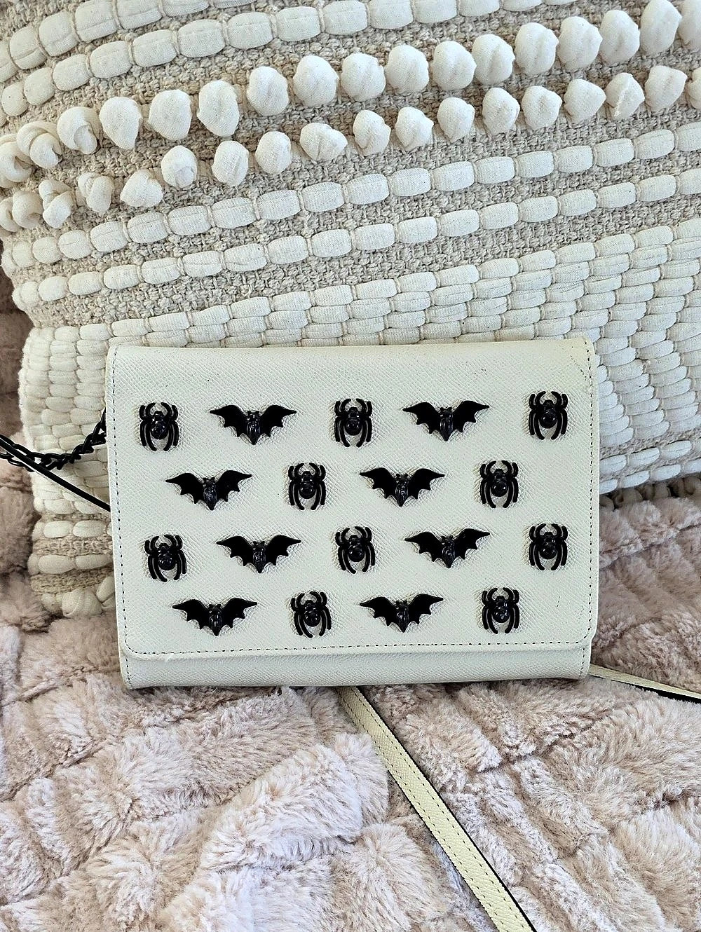 Betsey Johnson Halloween Bat and Spider Crossbody Bag White & Black